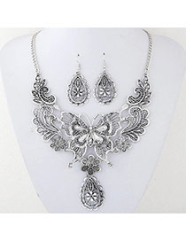 Vintage Silver Color Metal Butterfly Decorated Hollow Out Design Jewelry Sets
