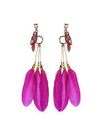 Fashion Plum Red Feather Decorated Long Tassel Earring