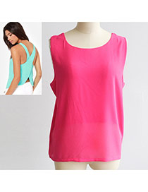 Sweet Plum Red Pure Color Decorated Backless Cross Sleelvess Tank Tops
