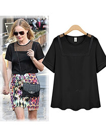 Fashion Black Hollow Out Net Splicing Decorated Short Sleeveless Pure Color Blouse