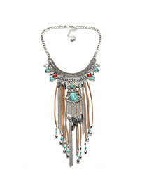 Vintage Silver Color Round Shape Pendant Decorated Double Layer Tassel Necklace