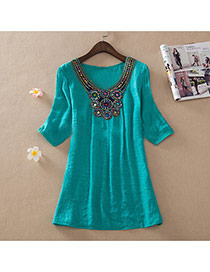 Casual Green Embroidery Pattern Decorated Short Sleeve Long Blouse