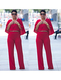 Sexy Red Pure Color Decorated V Neckline Cappa Tight Jumpsuit