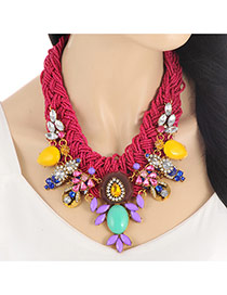 Fashion Claret-red Water Drop Shape Diamond Decorated Hand-woven Collar Necklace