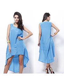 Fashion Blue Pure Color Decorated Sleeveless Irregular Dovetail Dress