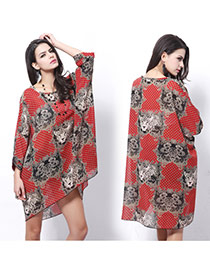 Casual Red Tiger Pattern Decorated Batwing Sleeve Loose Dress