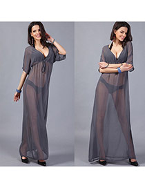 Sexy Dark Gray Pure Color Decorated Half Sleeve Perspective Bikini Cover Up Smock