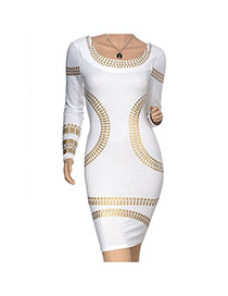 Sexy White Metal Shape Pattern Decorated Long Sleeve Tight Dress