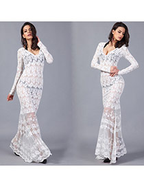 Sexy White Lace Flower Decorated Long Sleeve Perspective Dress