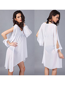 Casual White Pure Color Decorated V Neckline Losse Split Sleeve Dress