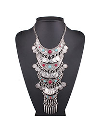 Exaggerated Silver Color Coin&tassel Pendant Decorated Multi-color Collar Necklace