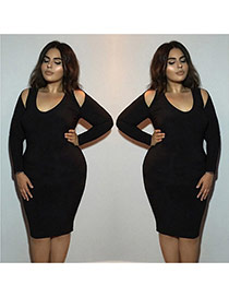 Sexy black Pure Color Design Long Sleeve Package Hip Large Size Long Dress