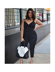 Sexy Black Pure Color Design V Neckline Large Size Loose Strap Jumpsuit