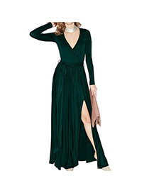 Elegant Deep Green Pure Color Decorated Deep V-neckline Split Dress
