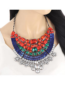Luxury Red+sapphire Blue Geometric Shape Diamond Decorated Short Chain Necklace
