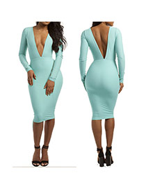 Sexy Light Blue Pure Color Decorated Deep V Necklace Backless Long Sleeve Dress