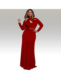 Sexy Red Hollow Out Neckline Decorated Long Sleeve Pure Color Dress Suits