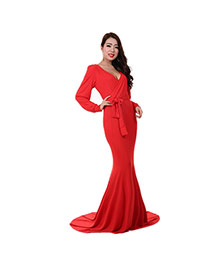 Sexy Red Deep V Neckline Decorated Long Sleeve Pure Color Fishtail Dress
