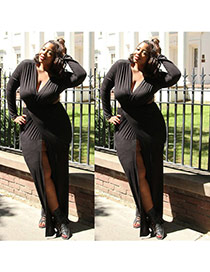 Sexy Black V Neckline Decorated Long Sleeve Pure Color Split Dress