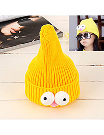 Lovely Yellow Pure Color Design Big Eyes Decorated Baby Knitted Hat