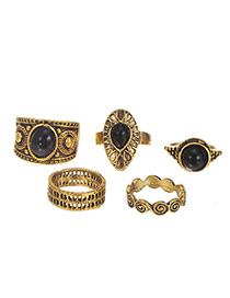 Vintage Gold Color Geometric Shape Gemstone Decorated Ring Sets (5pcs)