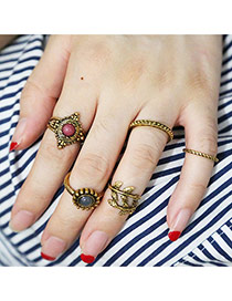 Vintage Gold Color Round Shape Gemstone Decorated Simple Rings(5pcs)