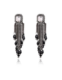 Vintage Black Chian Tassel Decorated Square Diamond Decorated Earrings