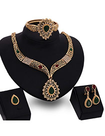 Fashion Gold Color Water Drop Shape Diamond Decorated Hollow Out Jewelry Sets (4pcs)