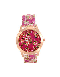 Fashion Plum Red Printing Flower Pattern Decorated Simple Watch