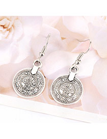 Vintage Silver Color Coin Shape Pendant Decorated Simple Earrings