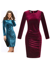Elegant Claret-red Pure Color Decorated Long Sleeve O Neckline Tight Dress