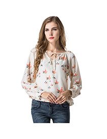 Trendy Cream-colored V Neckline Decorated Simple Design Long Sleeve Shirt