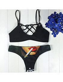 Trendy Black Person Image Decorated Simple Design Pure Color Bikini