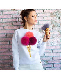 Cute Red Fuzzy Ball&ice Cream Shape Decorated Long Sleeve Coat