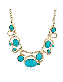 Fashion Blue+golden Color Oval Shape Diamond Decorated Hollow Out Necklace