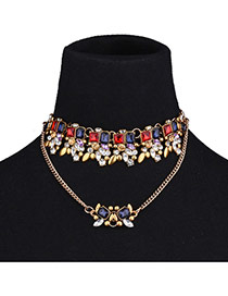 Fashion Golden Color Geometric Shape Diamond Decorated Double Layer Necklace