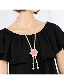 Elegant Pink Flower&tassle Pendant Decorated Long Chain Necklace