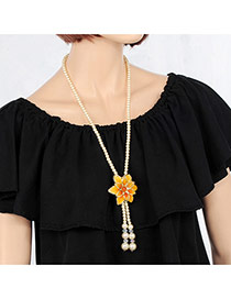 Elegant Yellow Flower&tassle Pendant Decorated Long Chain Necklace