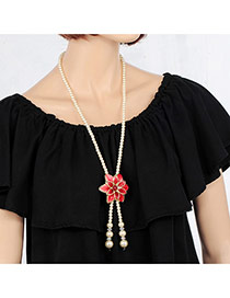 Elegant Red Flower&tassle Pendant Decorated Long Chain Necklace