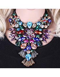 Exaggerated Multi-color Water Drop Shape Diamond Decorated Flower Shape Collar Necklace