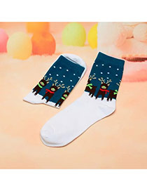 Fashion White+dark Blue Deer&dots Pattern Decorated Color Matching Sock
