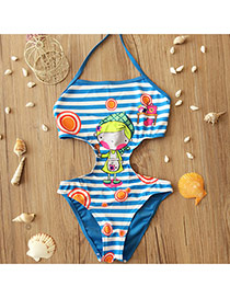 Cute Blue Stripe&girl Pattern Decorated One-piece Kids Swimwear