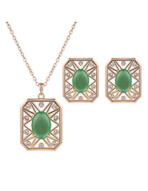 Elegant Gold Color+green Square Shape Pendant Decorated Long Chain Jewelry Sets