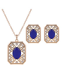 Elegant Gold Color+blue Square Shape Pendant Decorated Long Chain Jewelry Sets