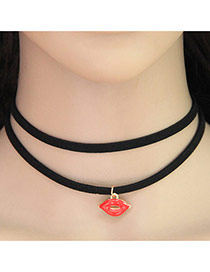 Trendy Red+gold Color Lip Pendant Decorated Double Layer Simple Choker