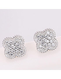 Sweet Silver Color Round Shape Diamond Decorated Clover Shape Earrings