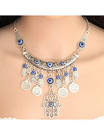 Vintage Blue Plam & Round Shape Pendant Decorated Short Chain Necklace