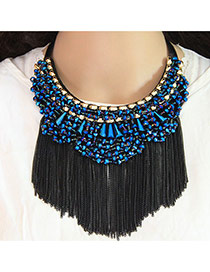 Trendy Blue Long Tassel Pendant Decorated Color Matching Collar Necklace