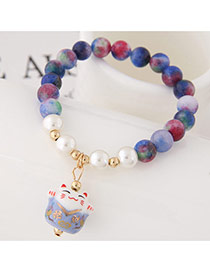Sweet Dark Blue Cat Shape Pendant Decorated Beads Bracelet