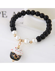 Sweet Black Cat Shape Pendant Decorated Beads Bracelet